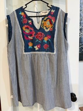 Savanna Jane Stripe Floral Embroidered Mini Dress Size 2X Sleeveless Boho